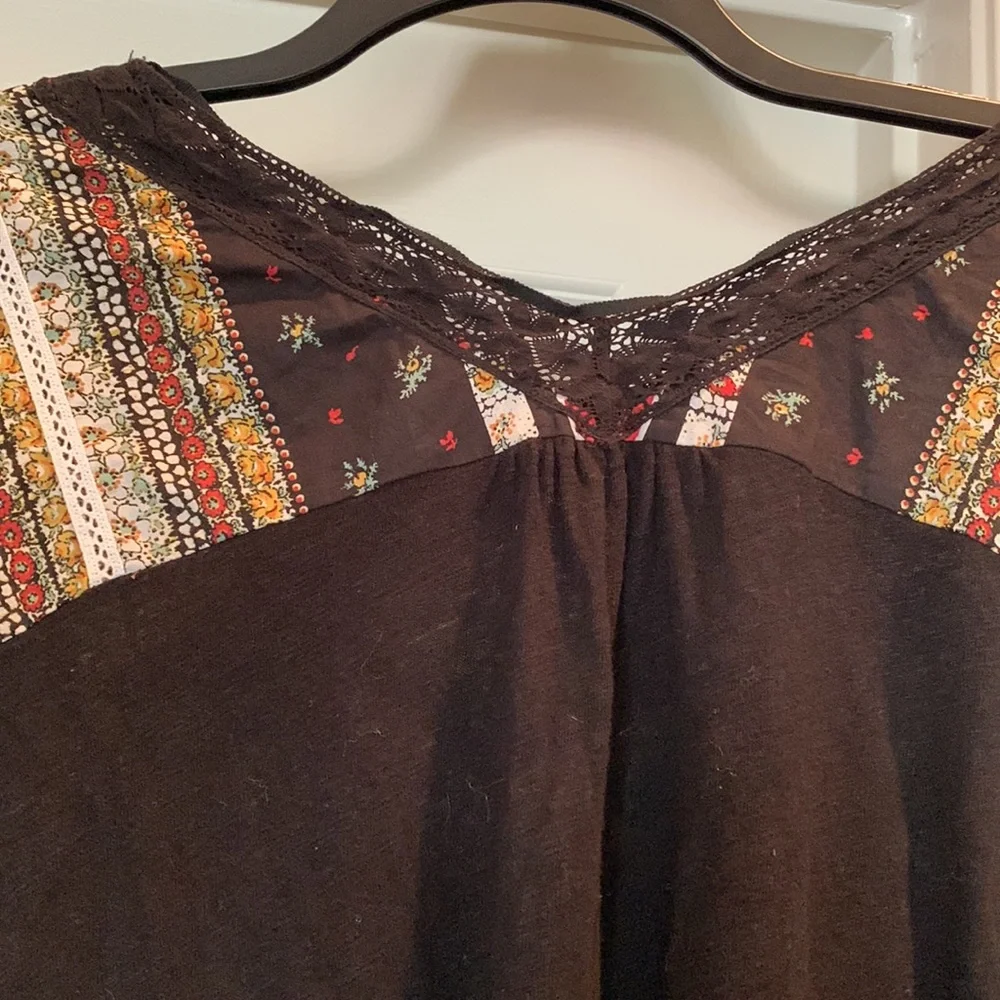 Free People Boho Prairie Days Printed Lace-Trim Linen Blend Blouse size small